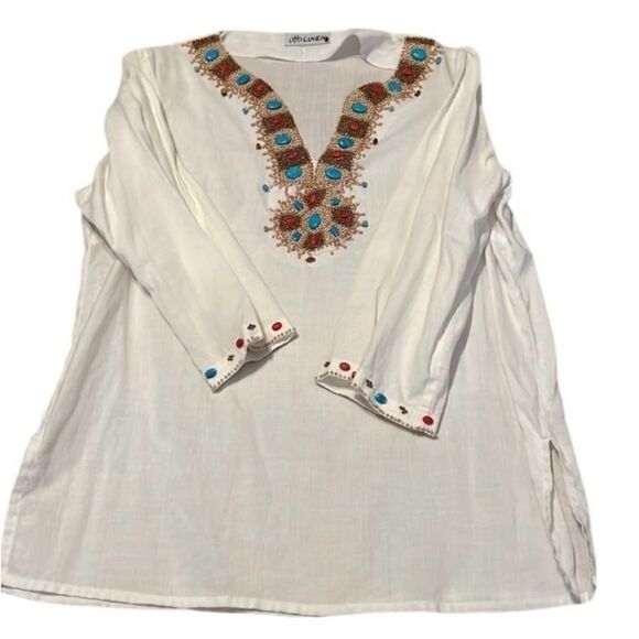 My Linen size small white 3/4 sleeve V neck beaded tunic EUC - Picture 1 of 10